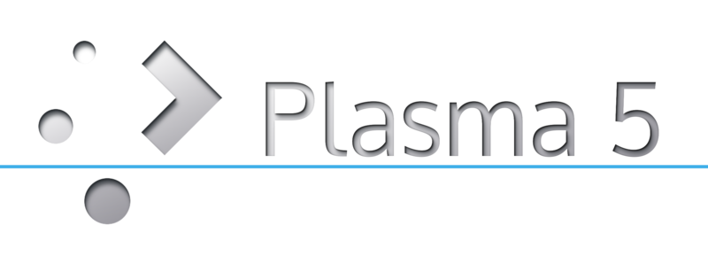 Logo of Plasma 5 featuring a stylized arrow and circular shapes, with 'Plasma 5' text displayed beside it.