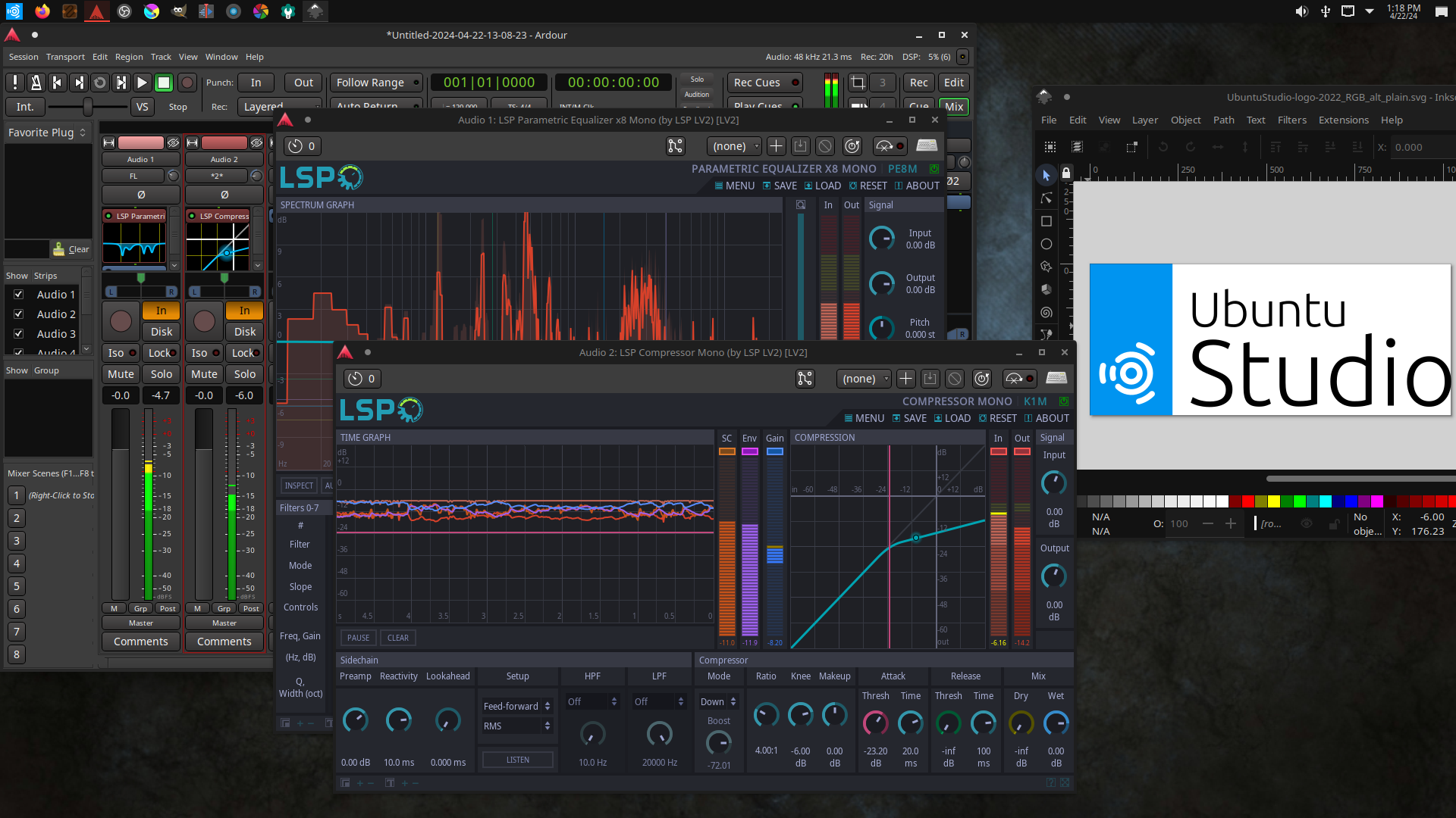 Image of audio editing software interface displaying various audio signal graphs and controls, including a parametric equalizer and a compressor, alongside the Ubuntu Studio logo.