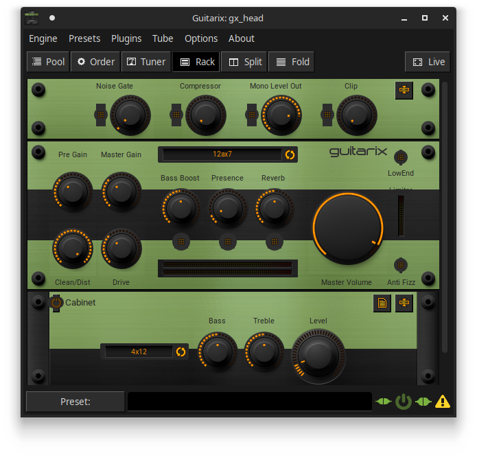 Screenshot of the Guitarix software interface, featuring audio effects controls such as Noise Gate, Compressor, Pre Gain, Master Gain, and cabinet settings.