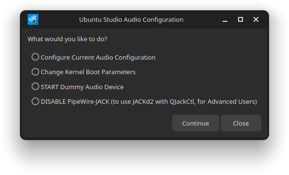Ubuntu Studio Audio Configuration window with options to configure audio settings, change kernel boot parameters, start a dummy audio device, or disable PipeWire-JACK.