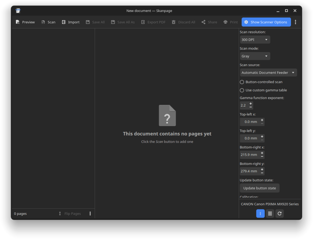Screenshot of a document scanning software interface showing options like scan resolution, mode, and source. The main area indicates 'This document contains no pages yet' with a prompt to click the Scan button to add one.