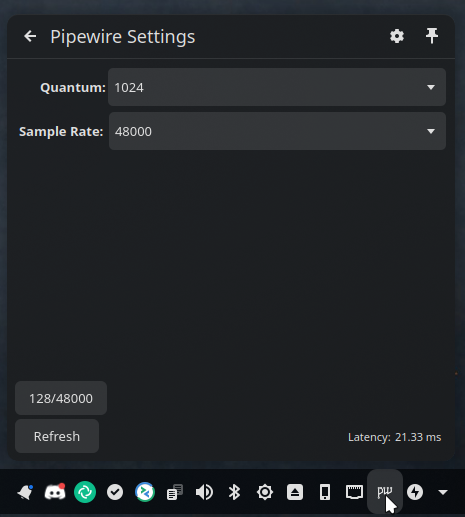A screenshot of the Pipewire Settings interface displaying options for Quantum (1024) and Sample Rate (48000), along with a latency measurement of 21.33 ms and a refresh button.