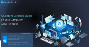 Homepage of Ubuntu Studio showcasing a content creation studio with various creative tools including musical instruments, a camera, and editing software elements.